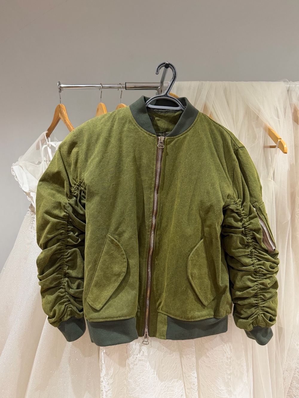 Readymade Ruched-Sleeve Olive Bomber Jacket